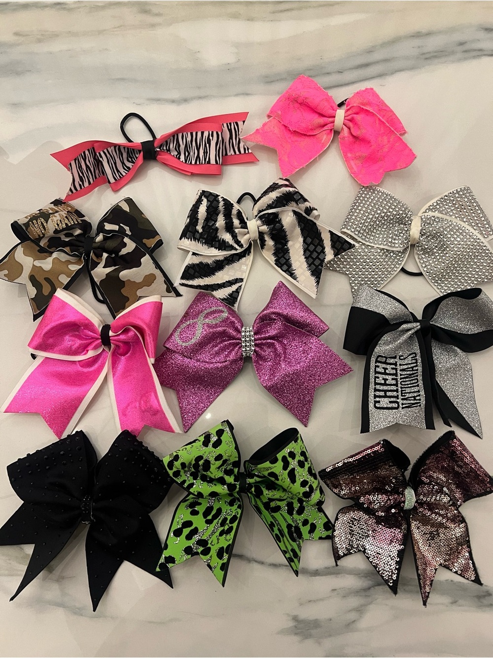 Assorted Cheerleading Hair Bows - Pink, Hot Pink, Black, Silver, Green, Camo